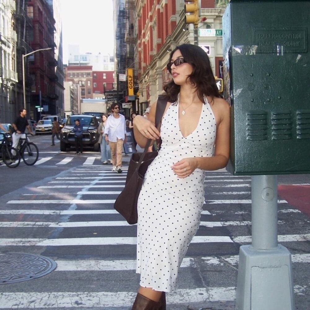 Realisation Sadie Silk Halter V Neck Midi Slip Dress Petite Spot Polka Dot White - Picture 7 of 16